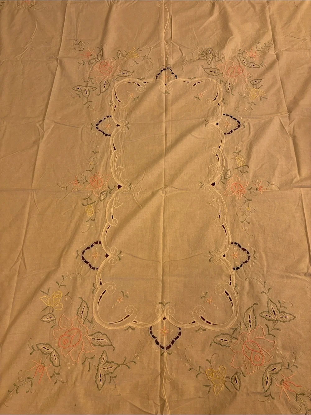 Vintage Embroidered Tablecloth with Pastel Floral Accents - 81”x60”